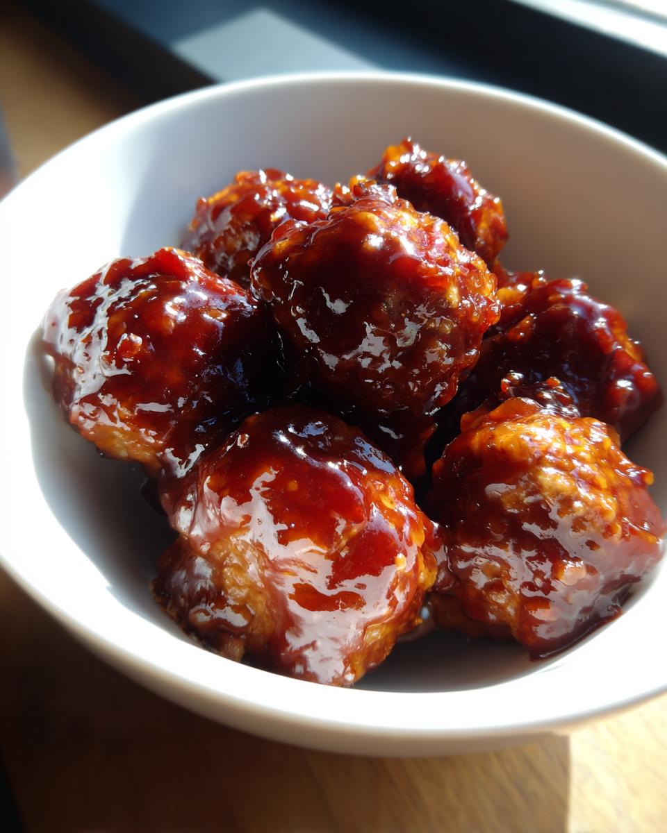 Close-up of several shiny, sauce-covered cocktail meatballs served in a small white bowl.