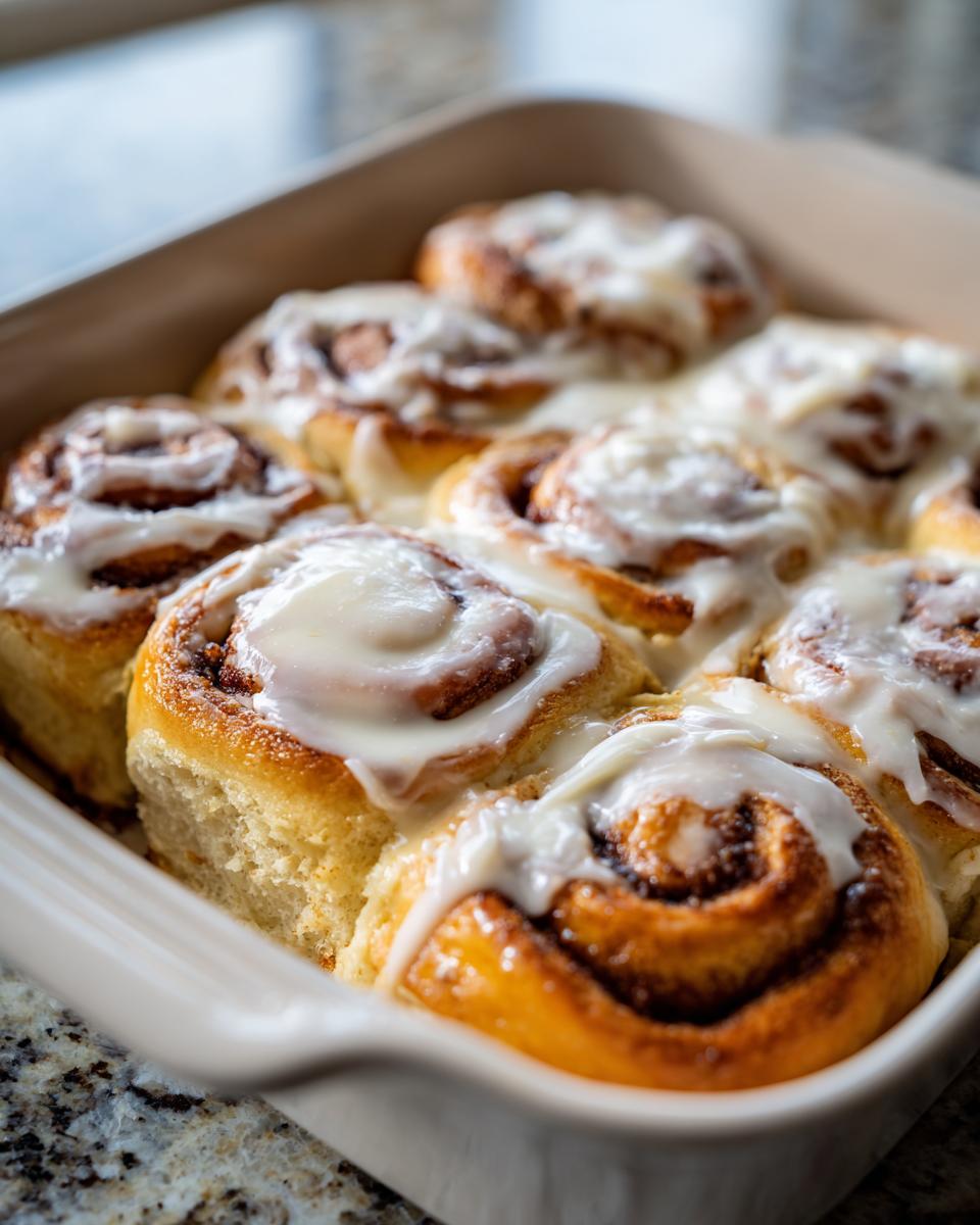 A close-up view of soft, golden cinnamon buns topped generously with white cream cheese icing in a baking dish.