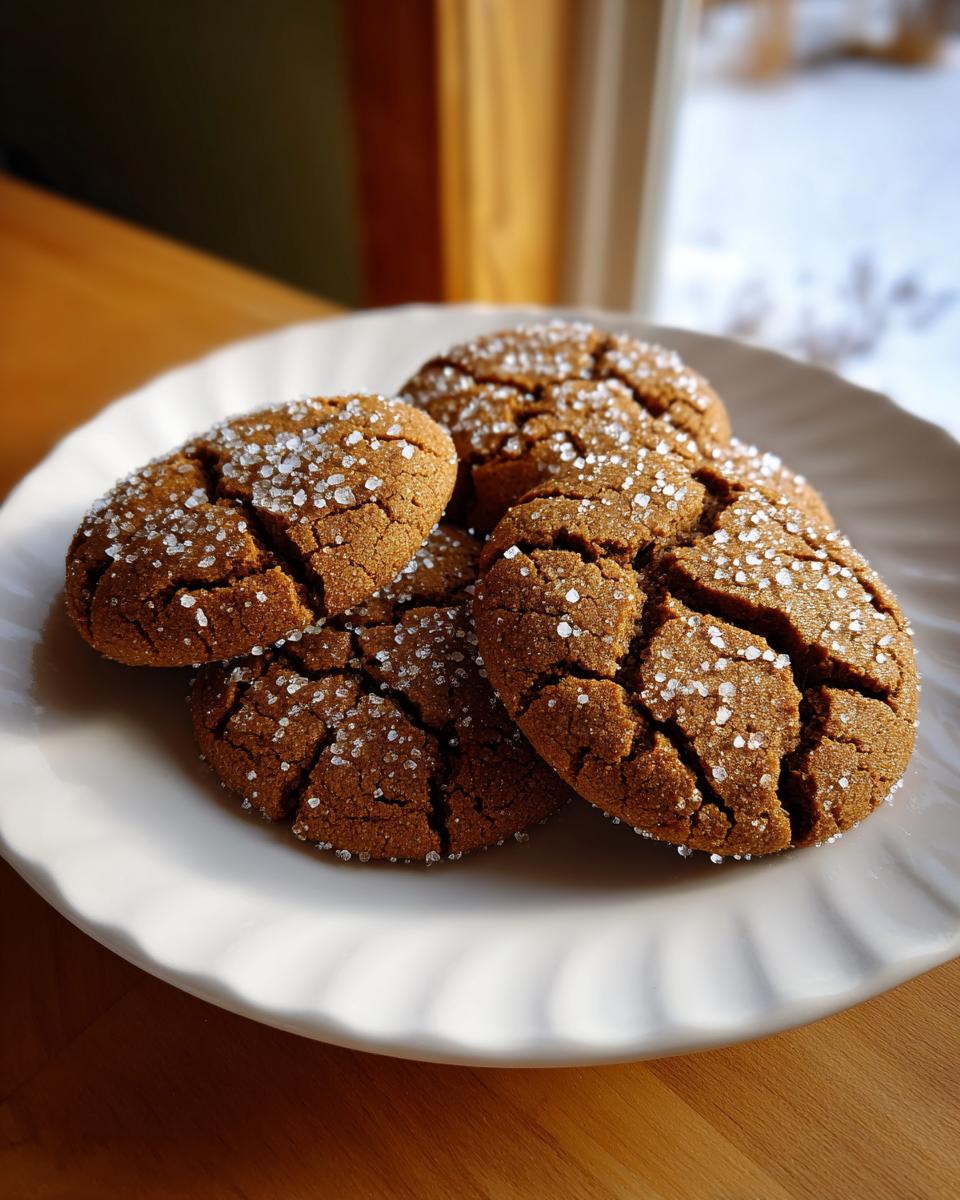 A stack of four chewy, cracked gingersnap cookies generously coated in coarse sugar crystals.
