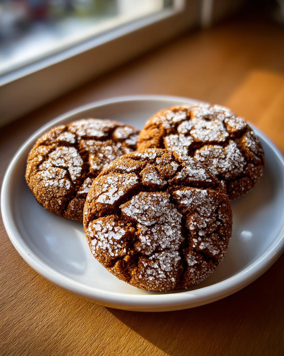 Three chewy gingersnap cookies covered in sparkling coarse sugar, sitting on a white plate.