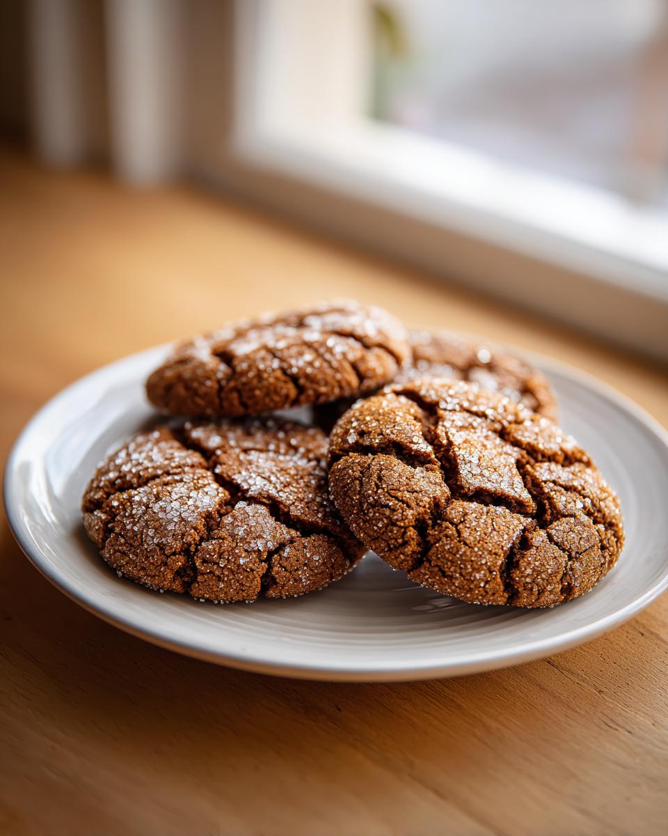 A stack of four rich brown gingersnap cookies, heavily coated in sparkling sugar, resting on a white plate.