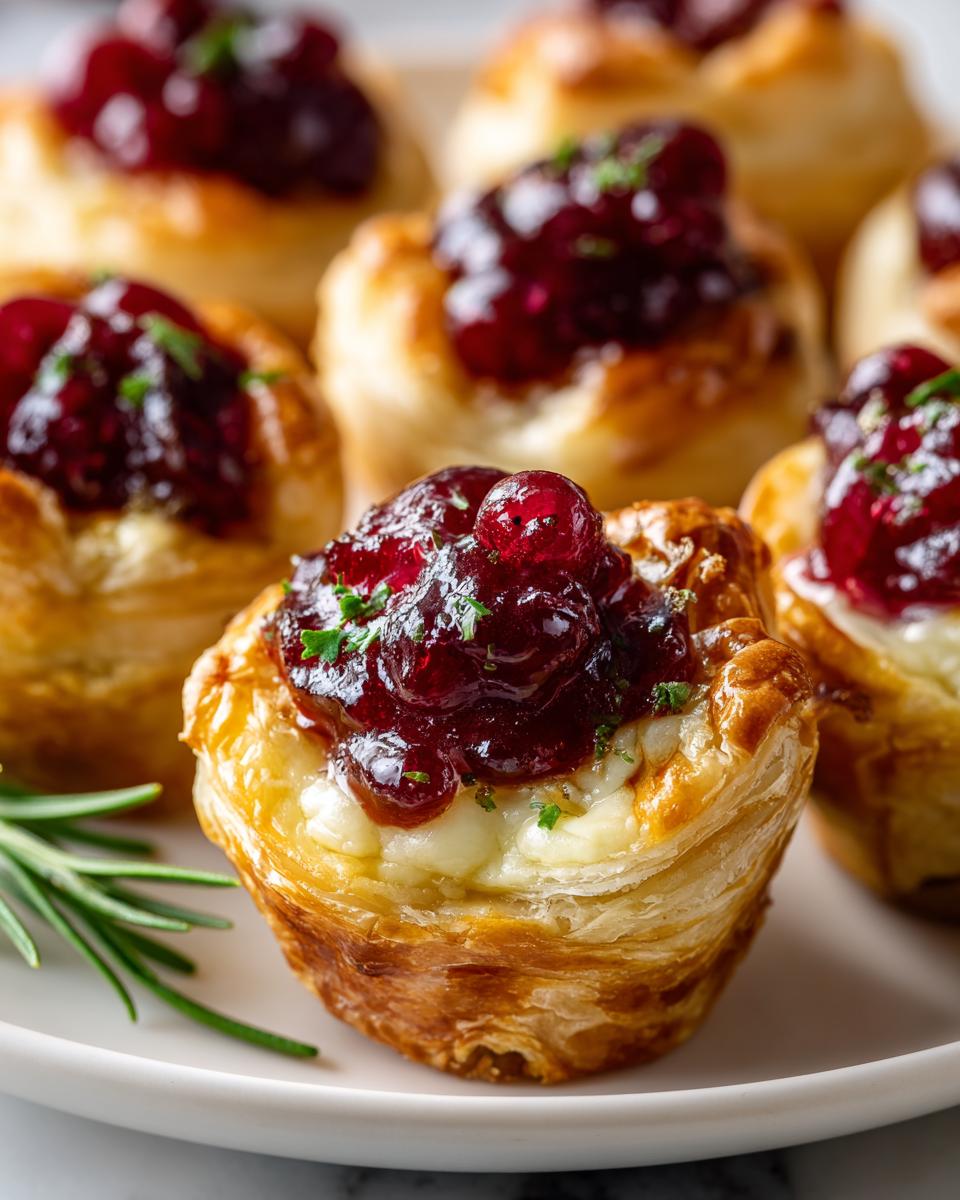 Close-up of flaky pastry cups filled with melted brie and topped with cranberry sauce, perfect cranberry brie bites.