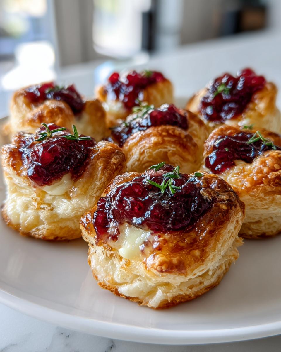 Close-up of several golden, flaky cranberry brie bites topped with dark red cranberry sauce and fresh thyme.
