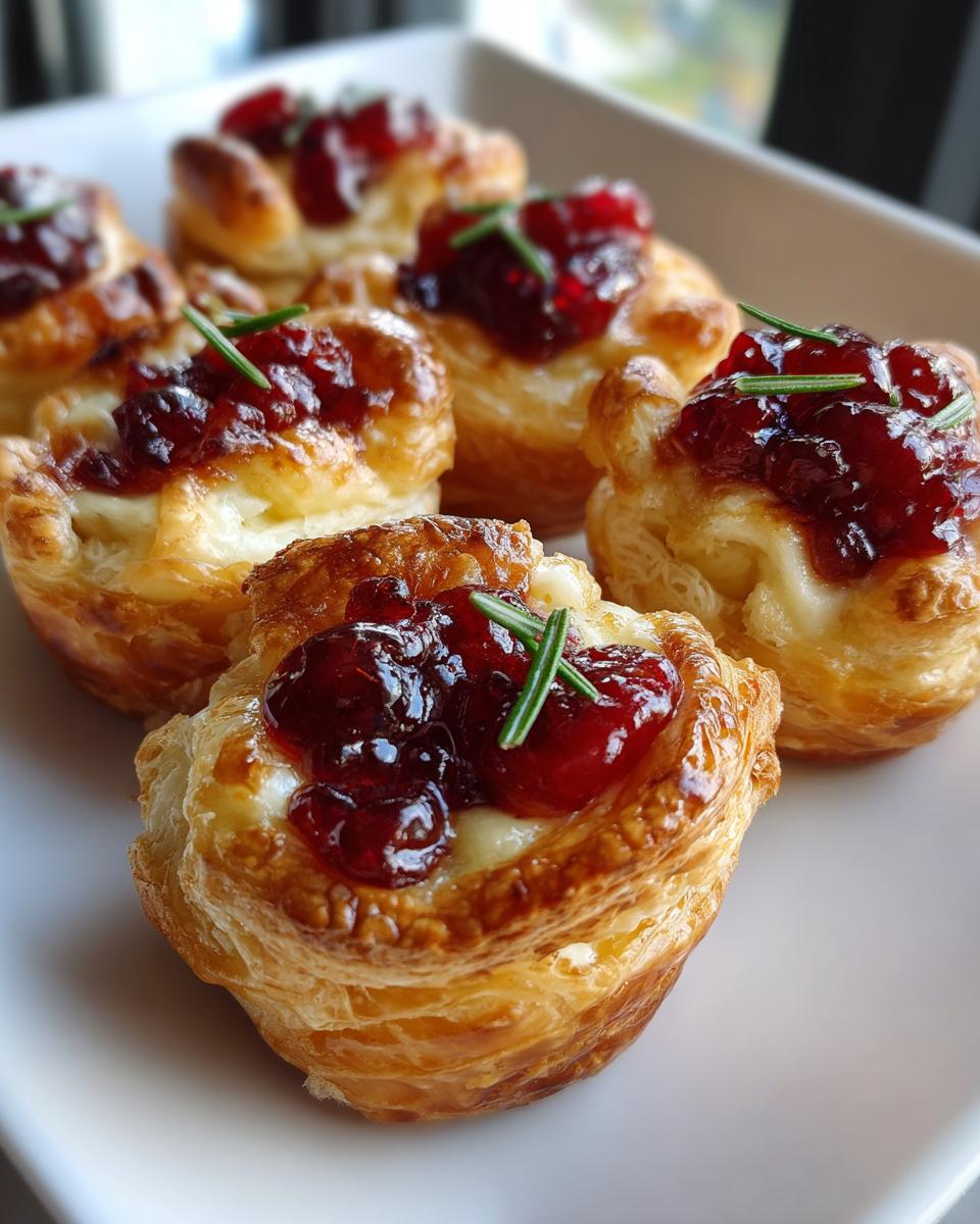 Close-up of golden baked cranberry brie bites topped with cranberry sauce and fresh rosemary sprigs.