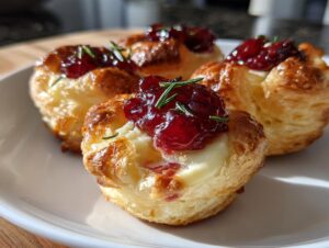 Close-up of four golden baked cranberry brie bites topped with ruby cranberry sauce and fresh rosemary.