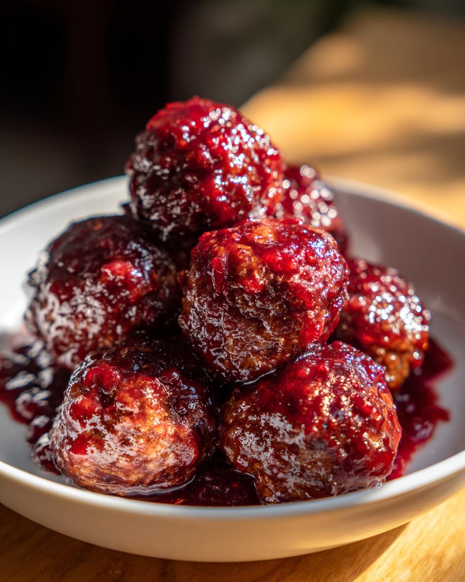 A close-up of several glistening cranberry meatballs piled in a white bowl, coated in a thick, dark red sauce.