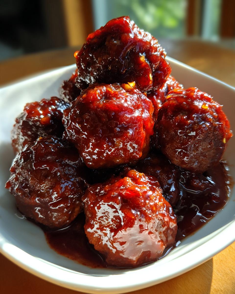 A pile of glossy, dark red cranberry meatballs coated in a thick, sweet sauce, served in a white bowl.