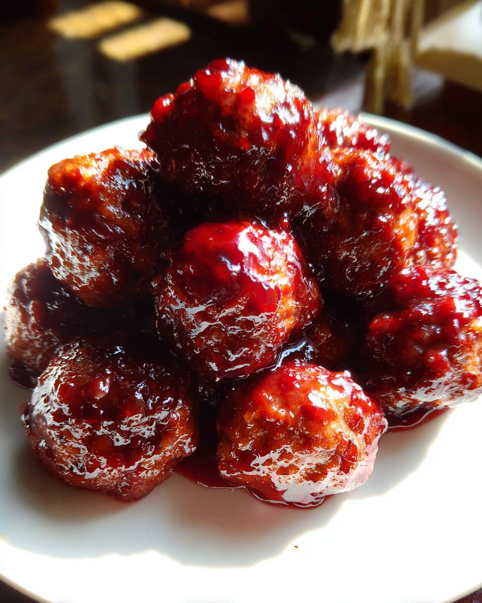 A pile of shiny, sauce-covered cranberry meatballs glistening under bright light on a white plate.