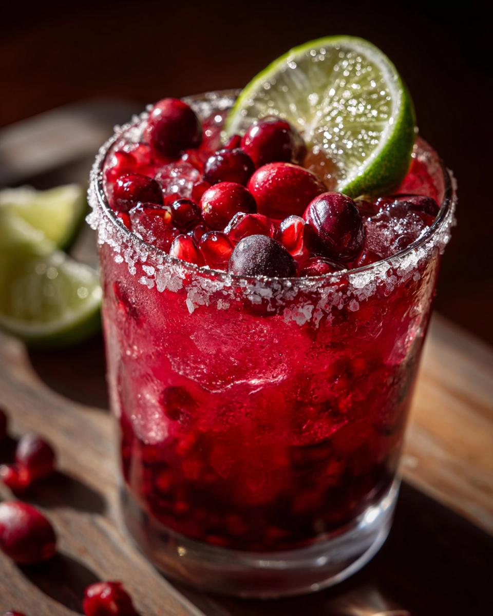 A close-up of a vibrant, icy cranberry pomegranate margarita with a salt rim, topped with fresh cranberries and a lime slice.