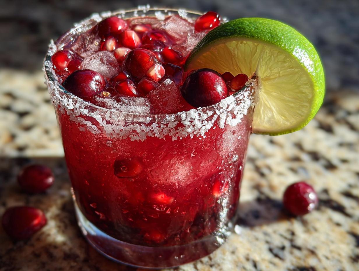 A vibrant cranberry pomegranate margarita in a salt-rimmed glass, garnished with fresh lime and pomegranate seeds.