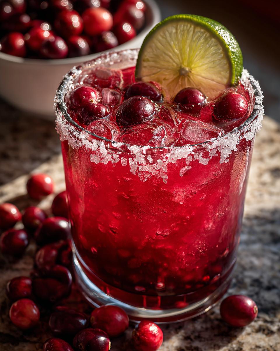 Close-up of a bright red cranberry pomegranate margarita in a sugar-rimmed glass with ice and whole cranberries.