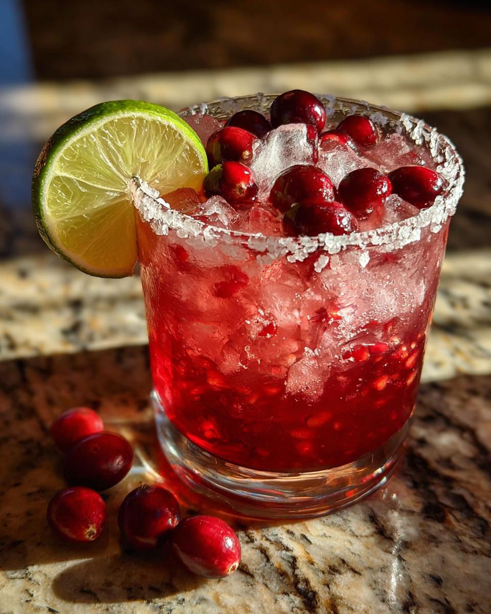 A vibrant cranberry pomegranate margarita cocktail garnished with fresh cranberries and a lime wheel.