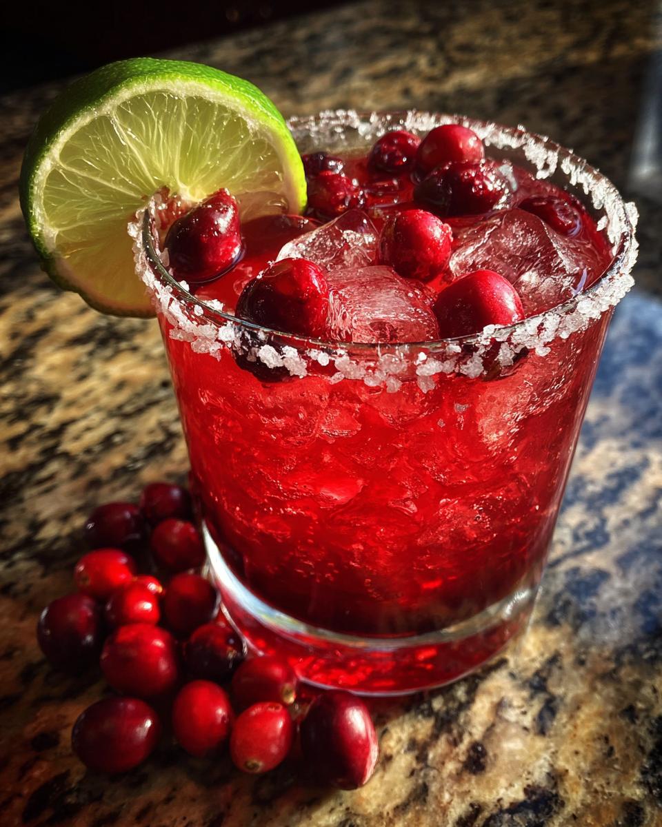 A vibrant red cranberry pomegranate margarita in a salt-rimmed glass, garnished with fresh cranberries and a lime slice.