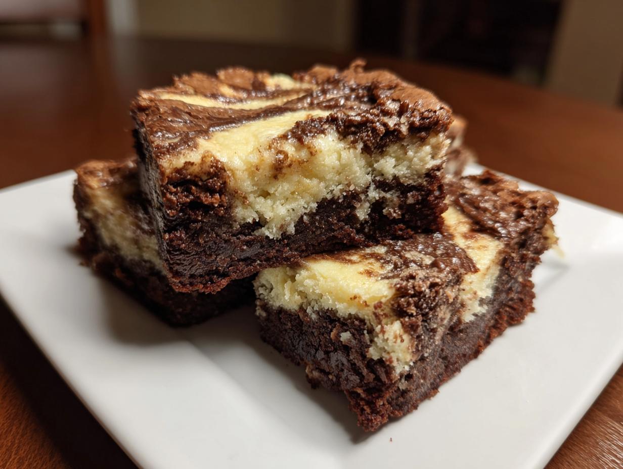 Three rich, fudgy cream cheese brownies stacked on a white plate, showing the marbled chocolate and cream cheese swirl.