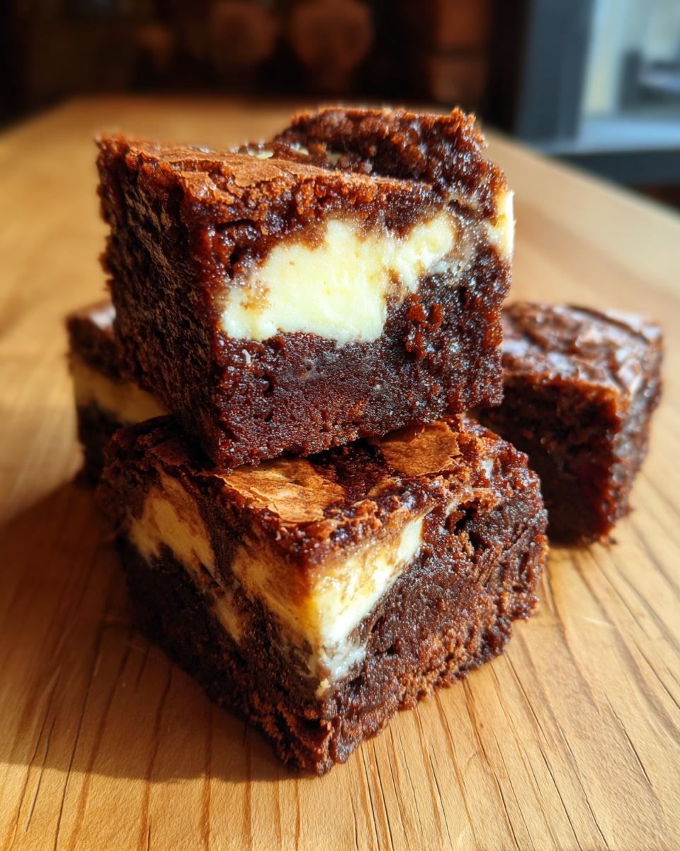 Close-up of stacked, fudgy cream cheese brownies showing the rich chocolate base and creamy white swirl.