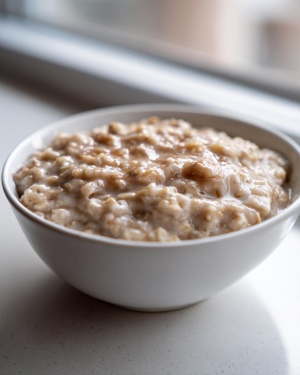 A close-up of creamy banana oatmeal served in a simple white bowl near a window.