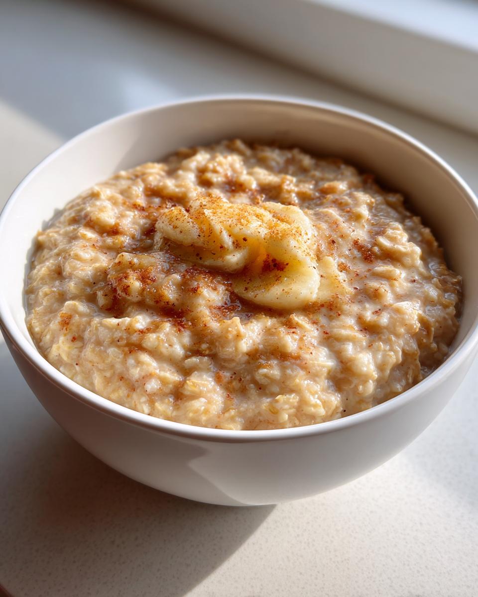 Close-up of a white bowl filled with creamy banana oatmeal, topped with sliced banana and a sprinkle of cinnamon.