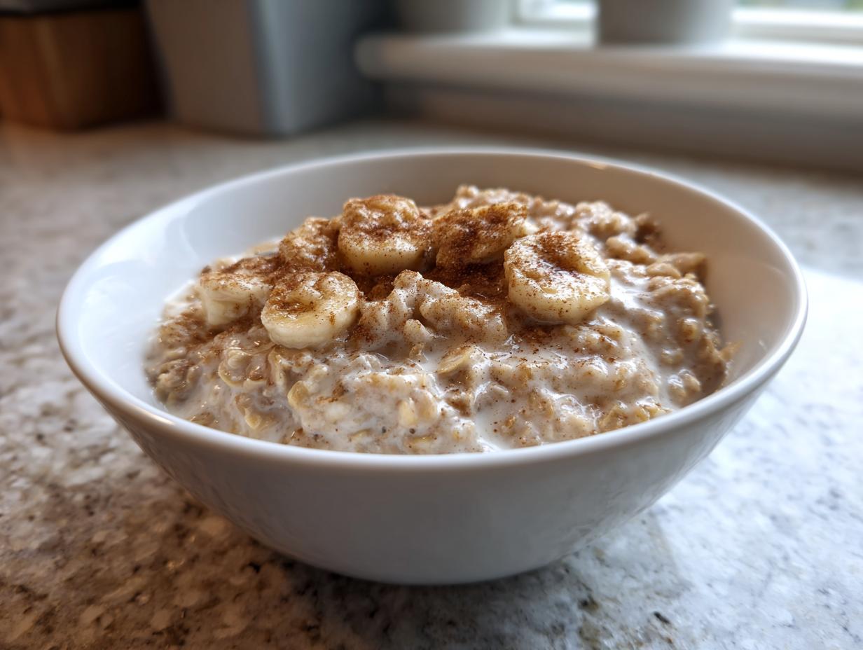 A close-up of creamy banana oatmeal topped with sliced bananas and cinnamon in a white bowl.