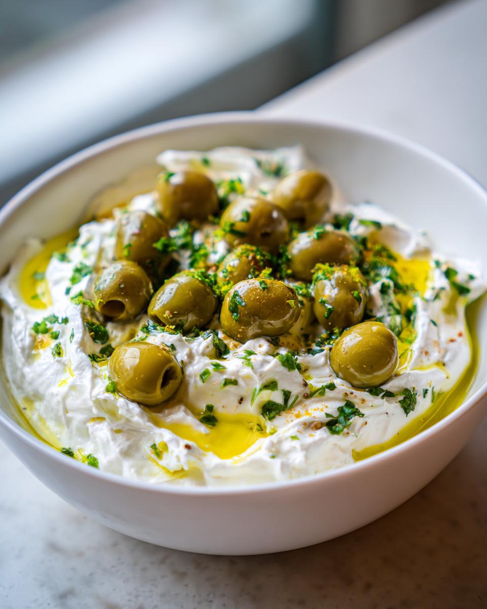 Close-up of a white bowl filled with creamy dip, topped with green olives, olive oil, and herbs for dirty martini dip.