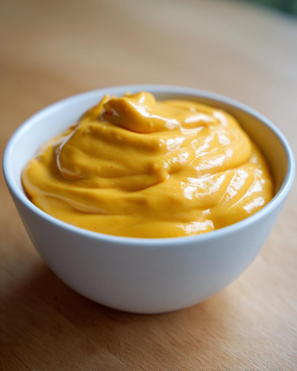 A close-up of thick, bright orange homemade nacho cheese sauce served in a small white bowl.