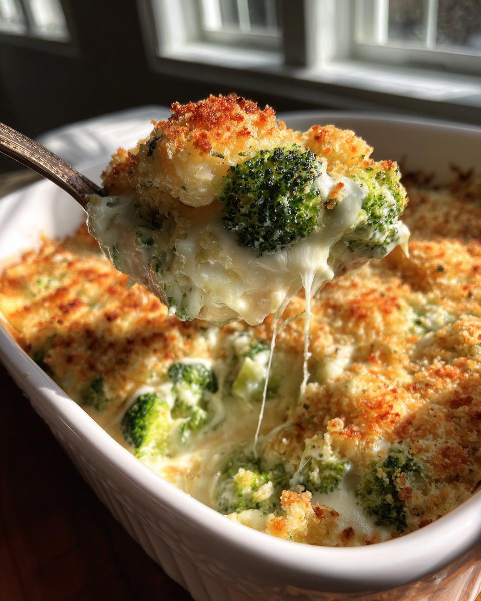 A spoonful of creamy broccoli cauliflower casserole with melted cheese stretching as it's lifted from the baking dish.