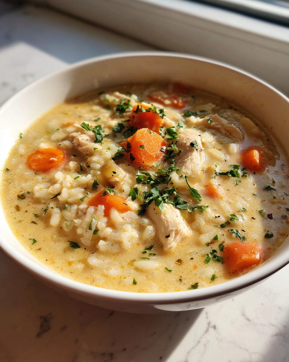 Close-up of a creamy chicken and carrot rice soup, garnished with fresh parsley, served in a white bowl.