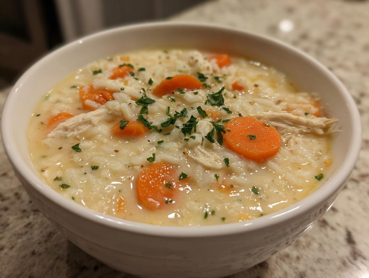 A close-up of a hearty bowl of creamy chicken and carrot rice soup, garnished with fresh parsley.