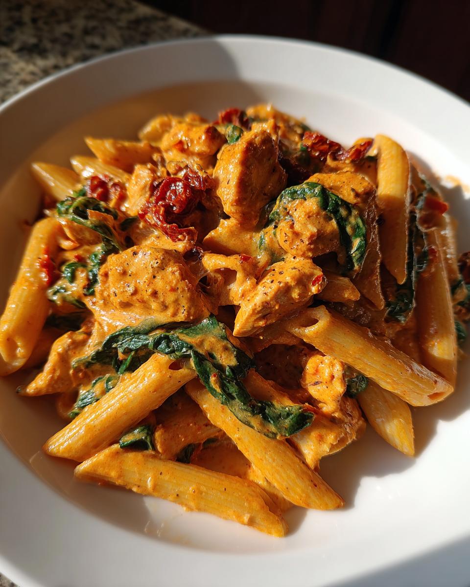 Close-up of creamy chicken pasta featuring penne, spinach, and sun-dried tomatoes in a rich sauce.
