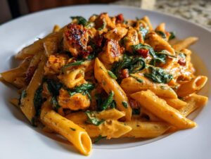 A close-up serving of creamy chicken pasta featuring penne, chunks of seasoned chicken, spinach, and sun-dried tomatoes.