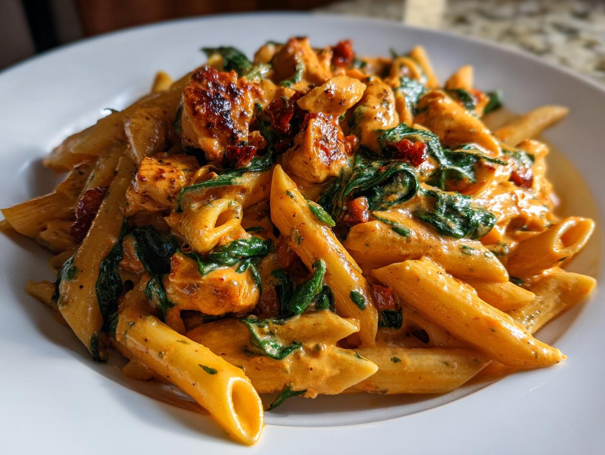 A close-up serving of creamy chicken pasta featuring penne, chunks of seasoned chicken, spinach, and sun-dried tomatoes.