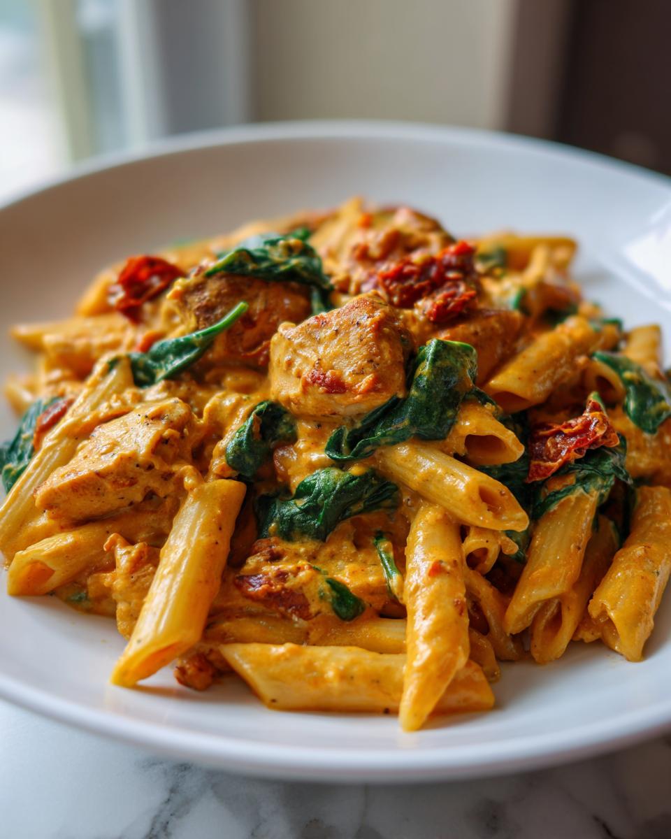 Close-up of creamy chicken pasta featuring penne, chunks of seasoned chicken, wilted spinach, and sun-dried tomatoes.