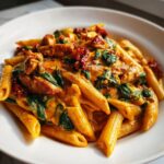 A close-up of a bowl of creamy chicken pasta featuring penne, spinach, and sun-dried tomatoes.
