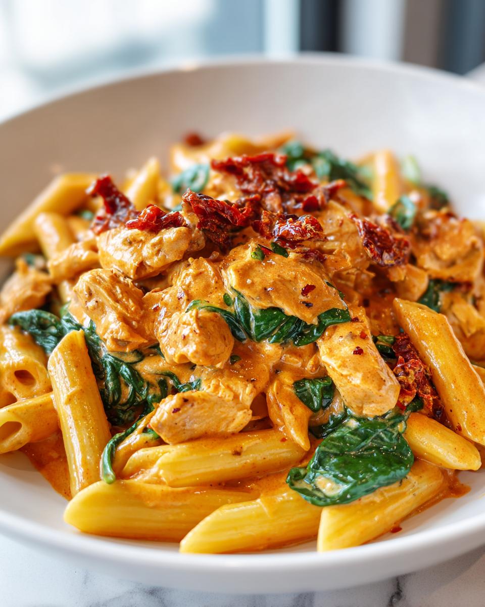 Close-up of creamy chicken pasta featuring penne, chunks of chicken, wilted spinach, and sun-dried tomatoes.