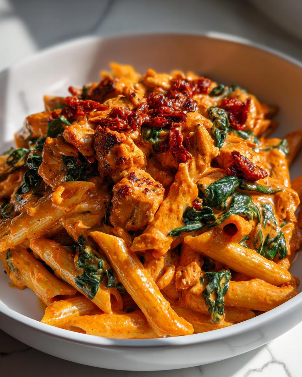 A close-up of creamy, orange-sauced chicken pasta featuring penne, spinach, and sun-dried tomatoes.