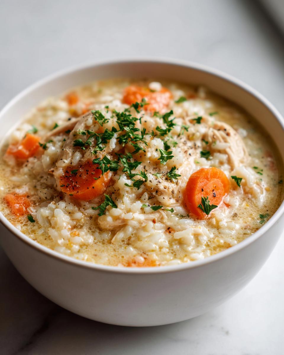 A close-up of a bowl of creamy chicken and carrot rice soup, garnished with fresh parsley.