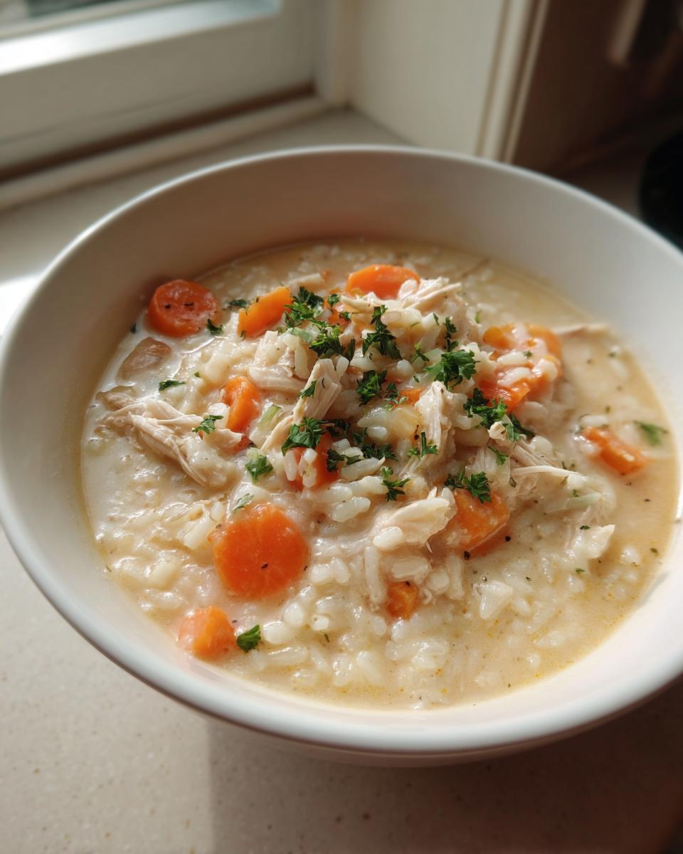 Close-up of a creamy bowl of chicken and rice soup, featuring sliced carrots and fresh parsley garnish.