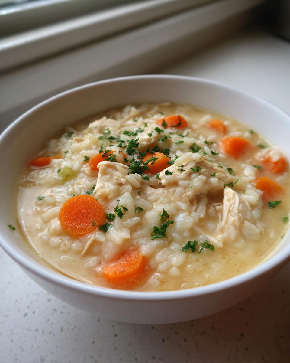 Close-up of a creamy bowl of chicken rice soup with sliced carrots and fresh parsley garnish.