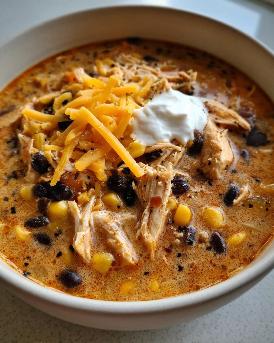 Close-up of a bowl of creamy chicken taco soup topped with shredded cheese, corn, black beans, and a dollop of sour cream.