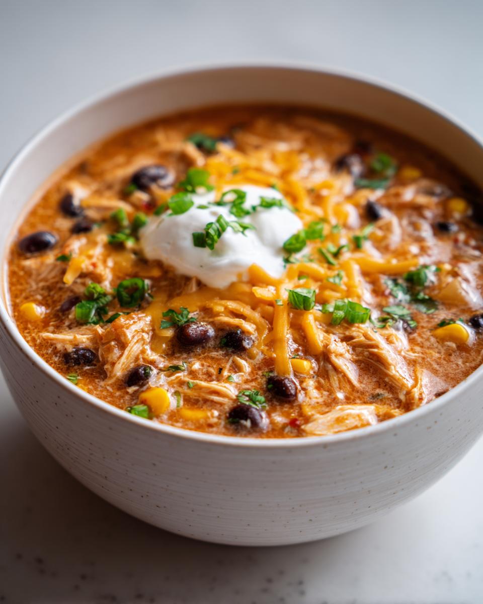 Close-up of a bowl of creamy chicken taco soup, featuring shredded chicken, black beans, corn, shredded cheese, and a dollop of sour cream.