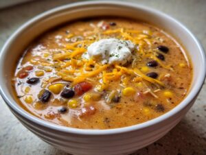 Close-up of creamy chicken taco soup topped with shredded cheese, sour cream, and black beans.