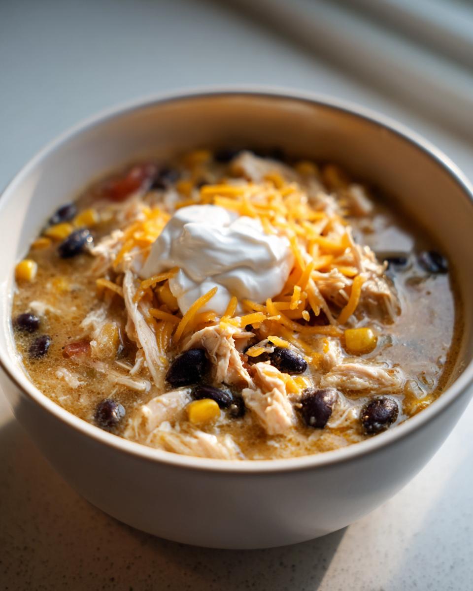 Close-up of a bowl of creamy chicken taco soup, featuring shredded chicken, black beans, corn, topped with shredded cheddar and a dollop of sour cream.