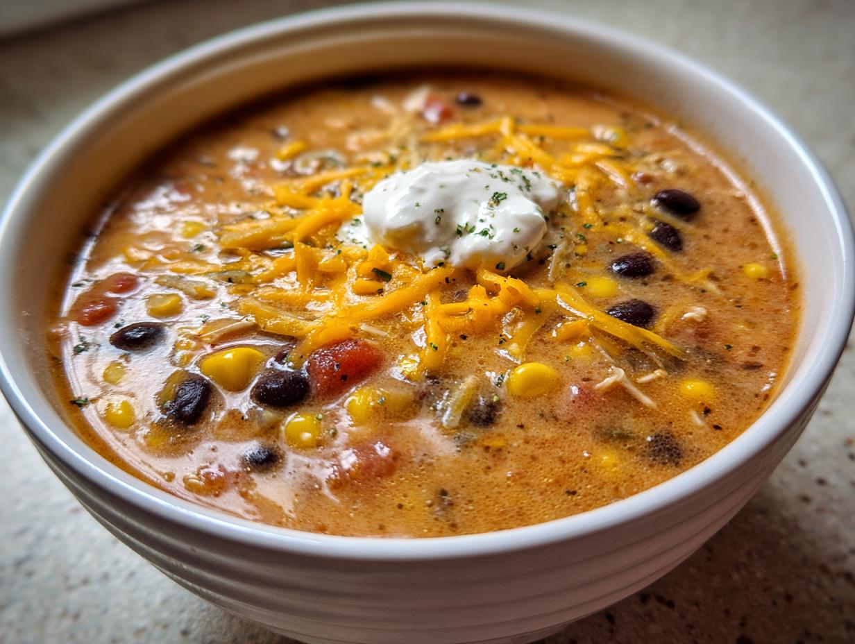 Close-up of creamy chicken taco soup topped with shredded cheese, sour cream, and black beans.