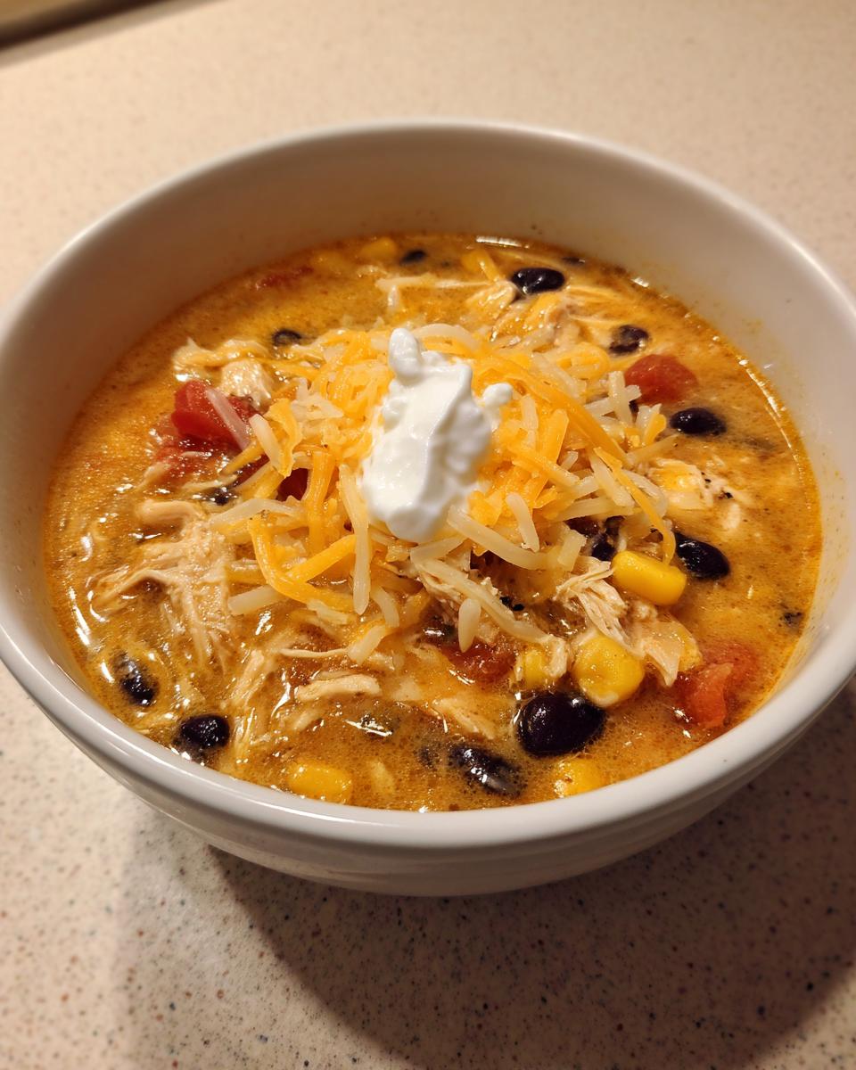A close-up of a bowl of creamy chicken taco soup topped with shredded cheese, black beans, and sour cream.