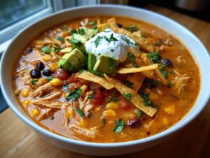 A close-up of a bowl of creamy chicken tortilla soup, garnished with avocado, sour cream, and tortilla strips.