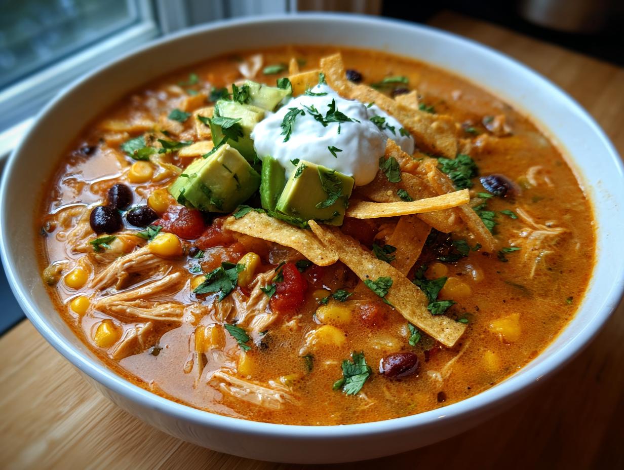 A close-up of a bowl of creamy chicken tortilla soup, garnished with avocado, sour cream, and tortilla strips.