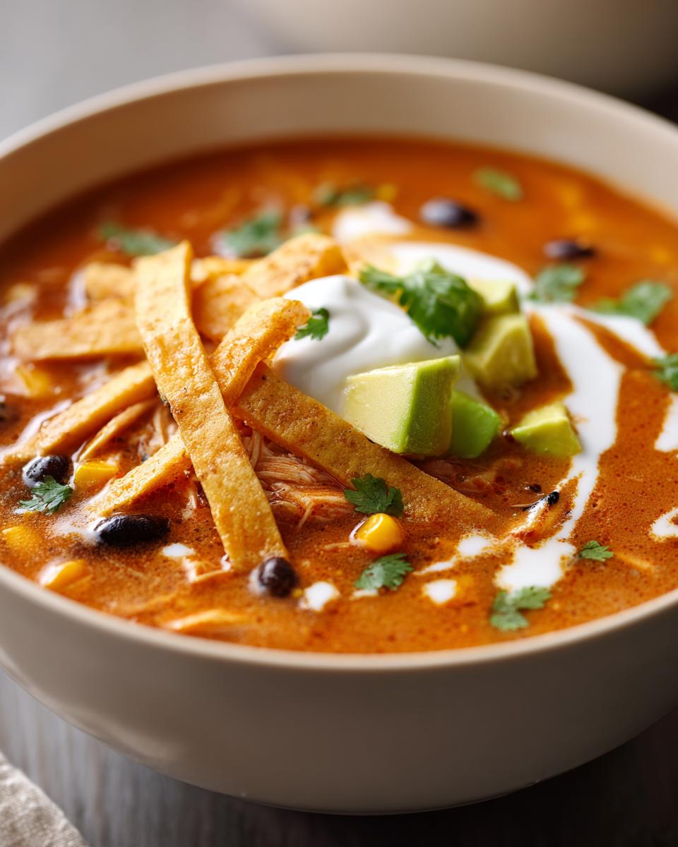 Close-up of creamy chicken tortilla soup garnished with tortilla strips, sour cream, avocado, and cilantro.