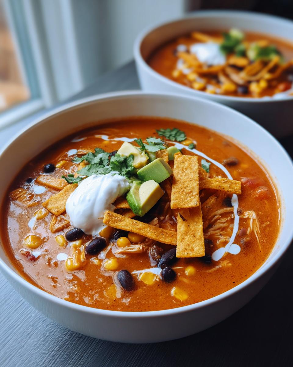 Close-up of a bowl of creamy chicken tortilla soup, topped with sour cream, avocado, and tortilla strips.