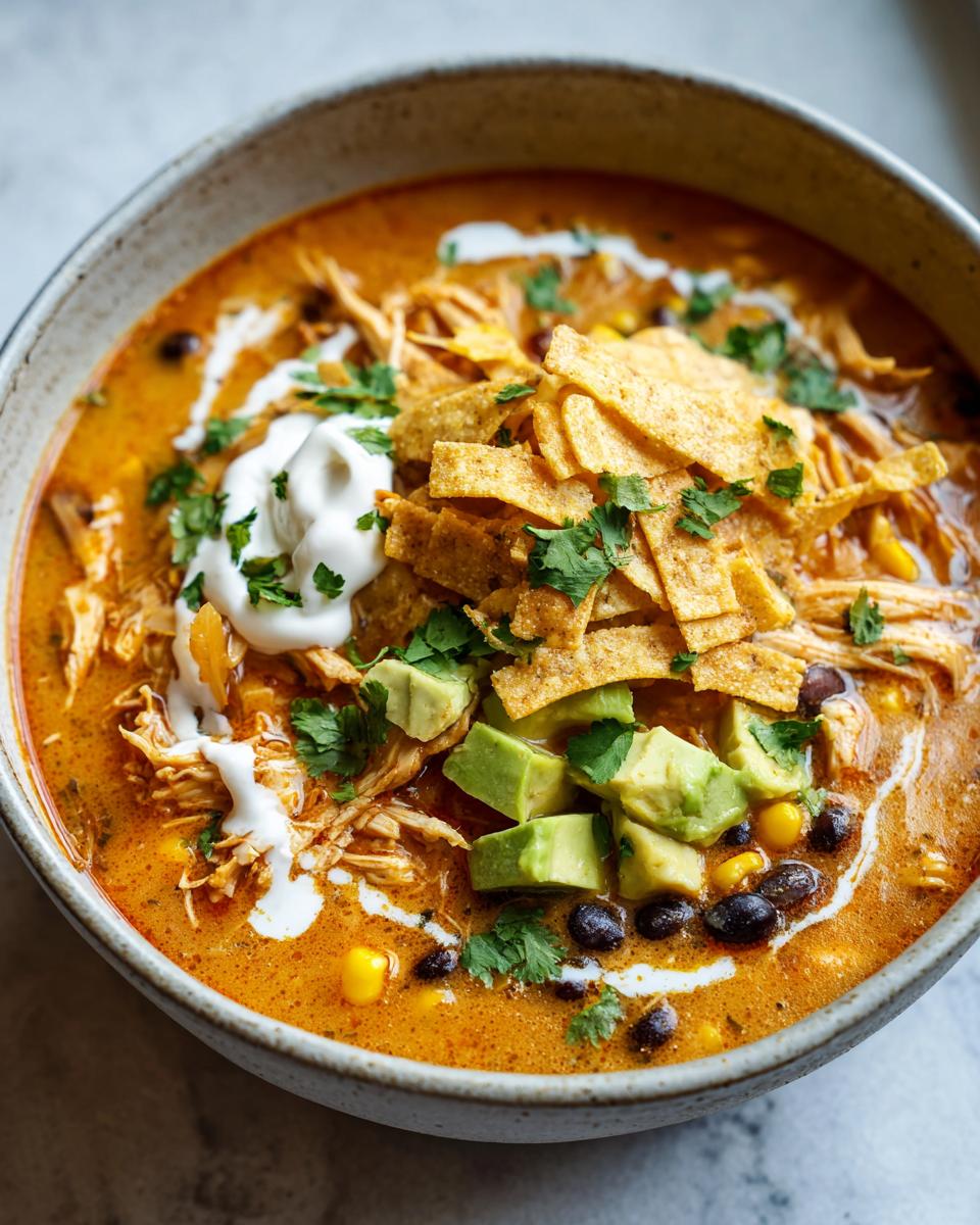 Close-up of creamy chicken tortilla soup topped with avocado, tortilla strips, sour cream, and cilantro.