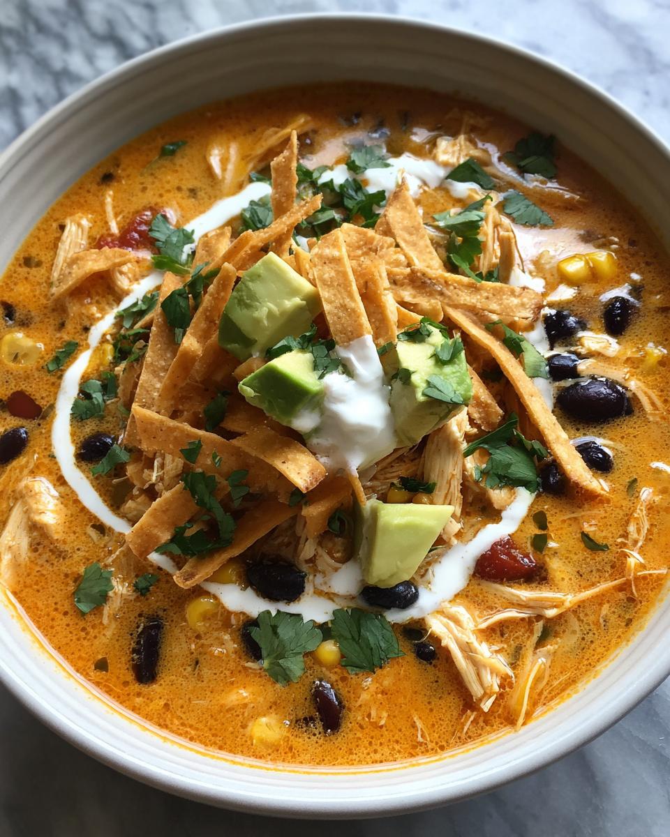 A close-up of creamy chicken tortilla soup topped with tortilla strips, avocado, sour cream, and cilantro.