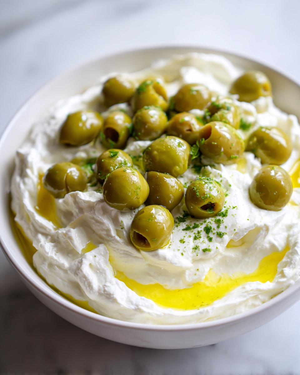 Close-up of a white bowl filled with creamy dirty martini dip, topped with green olives and olive oil.